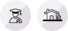 Image of two icons showing a student in a graduation cap and a house, both with dollar signs.
