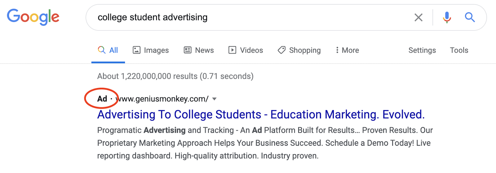 Screen shot of Google search for 'college student advertising' with an paid placement ad as the first result