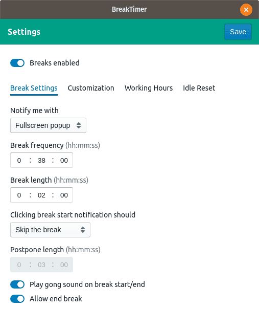 BreakTimer App schedule page