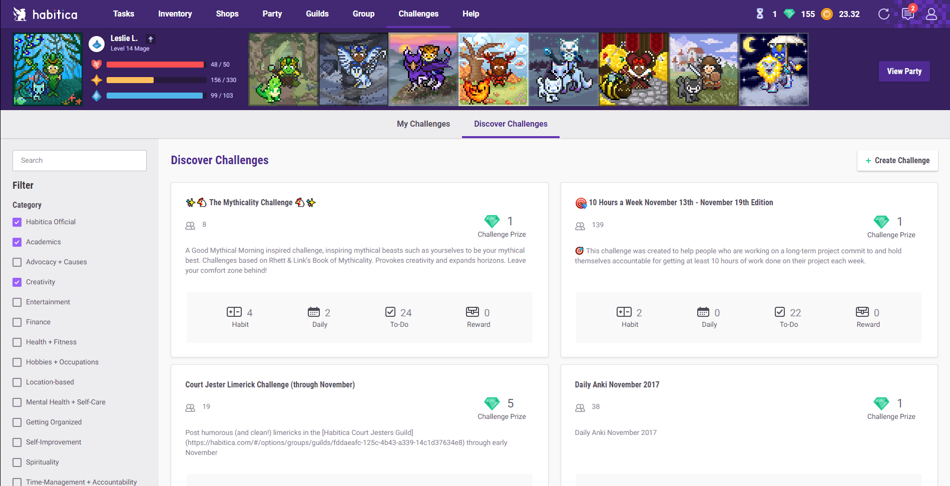 Habitica App Challenges page