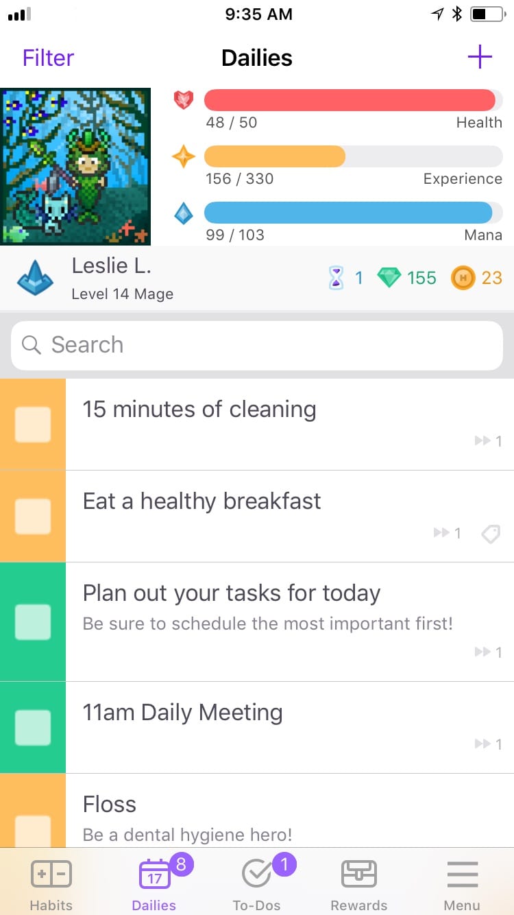 Habitica App tasks page mobile view