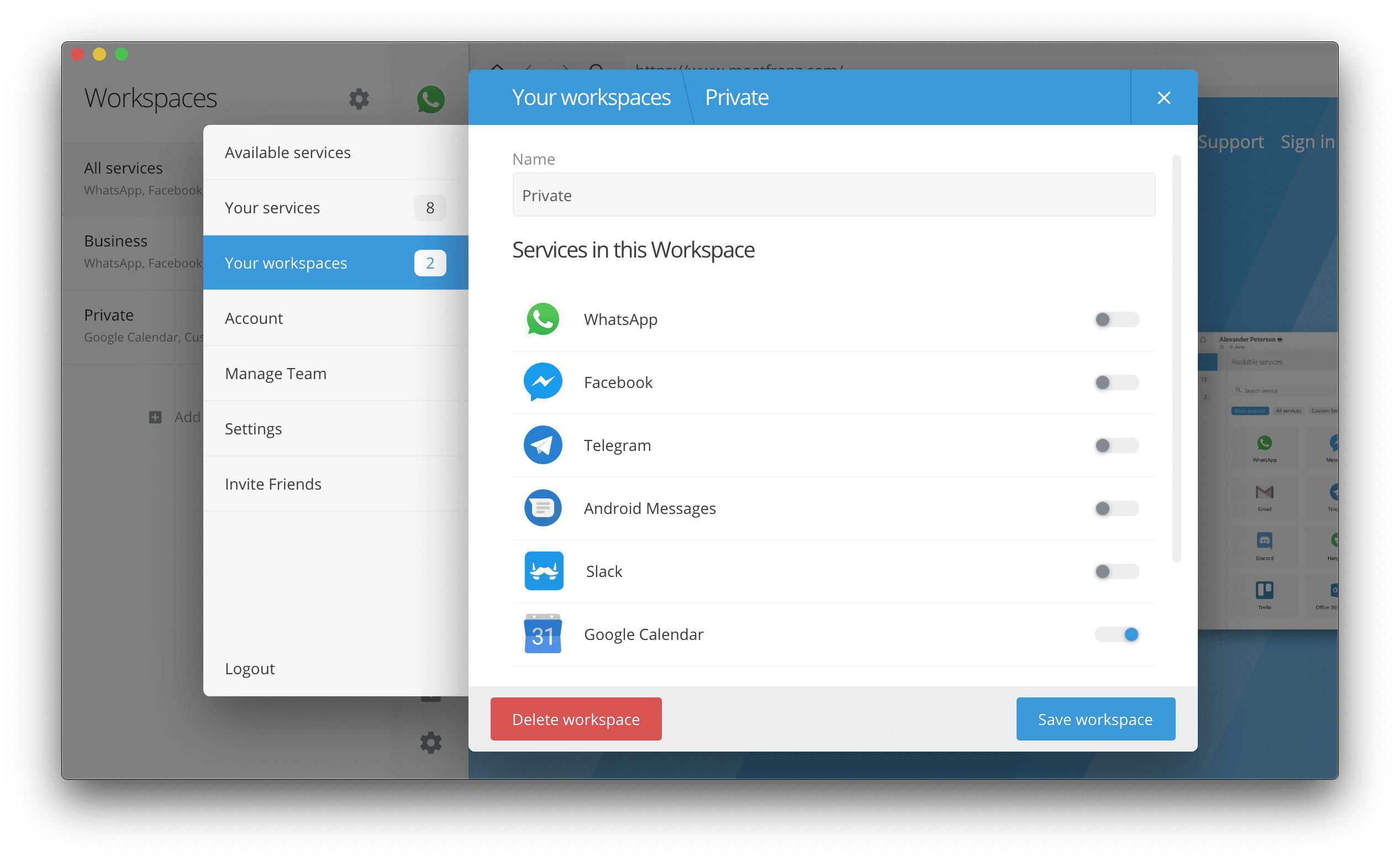 Franz app workspace page
