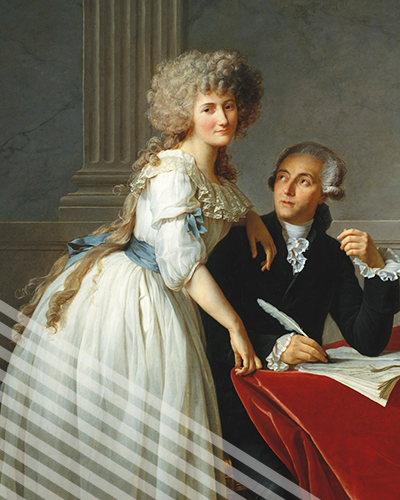 An oil-painting portrait of Marie-Anne Paulze Lavoisier and her husband.