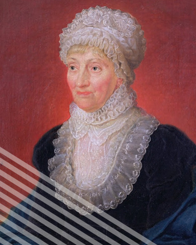 A portrait of Carolimne Herschel, sporting a luscious blue frock and frilly bib and hat.
