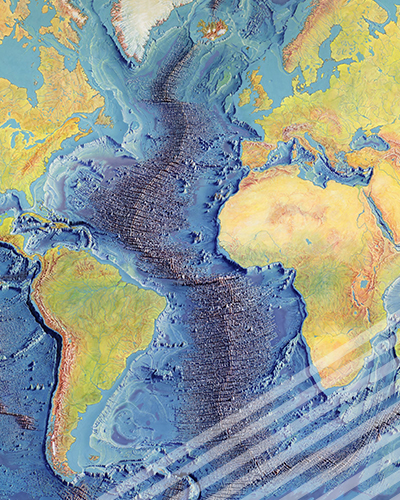 A painting of the Mid-Ocean Ridge by Heinrich Berann, based on the scientific profiles of Marie Tharp and Bruce Heezen