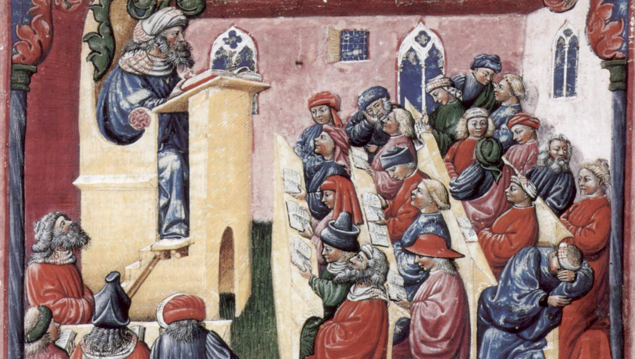 A 14th-century depiction of a university lecture, including a student who has fallen asleep.