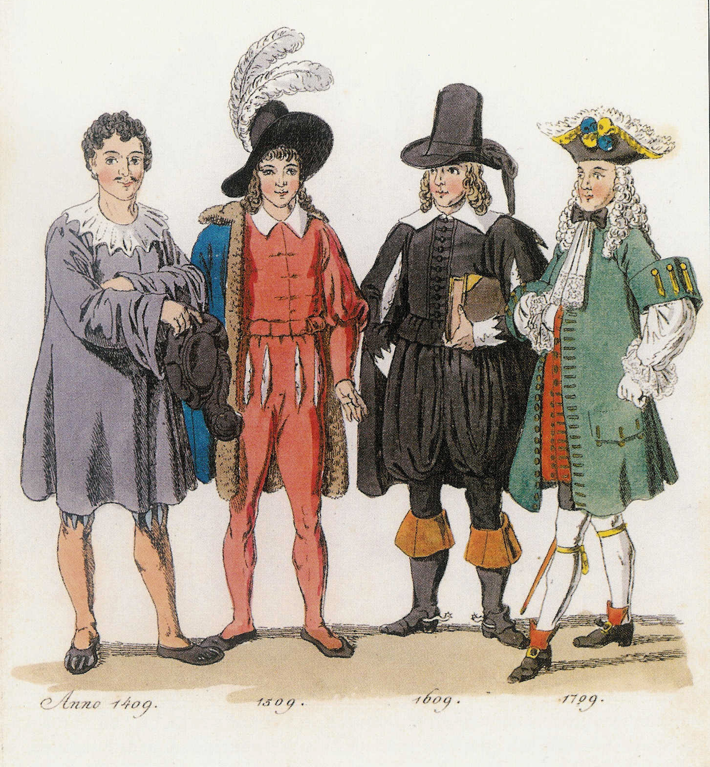 An illustration of the different outfits college students wore across four centuries, from 1409 to 1709.