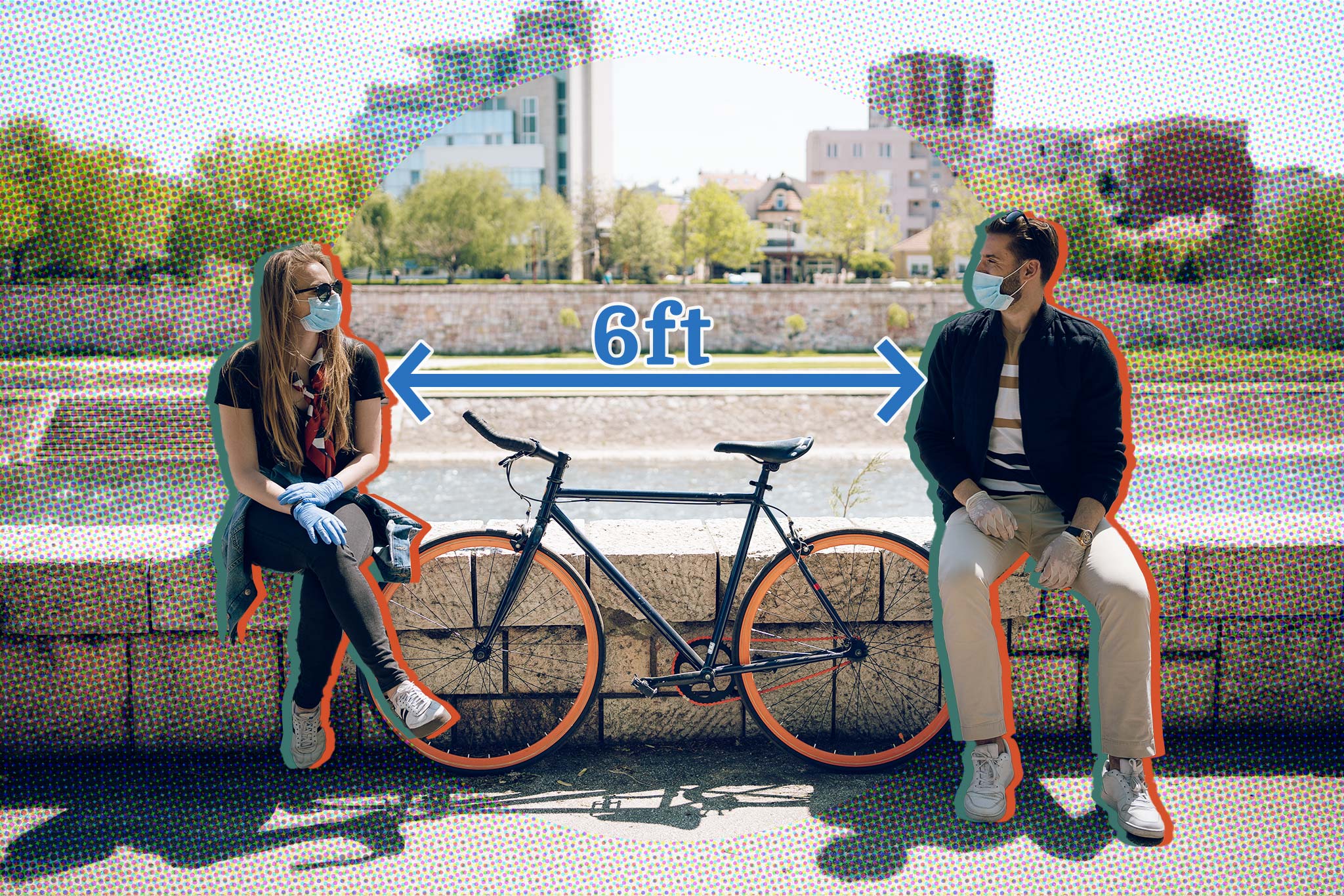 Image of two people outside, wearing masks, with a bike between them and the caption, '6 ft'