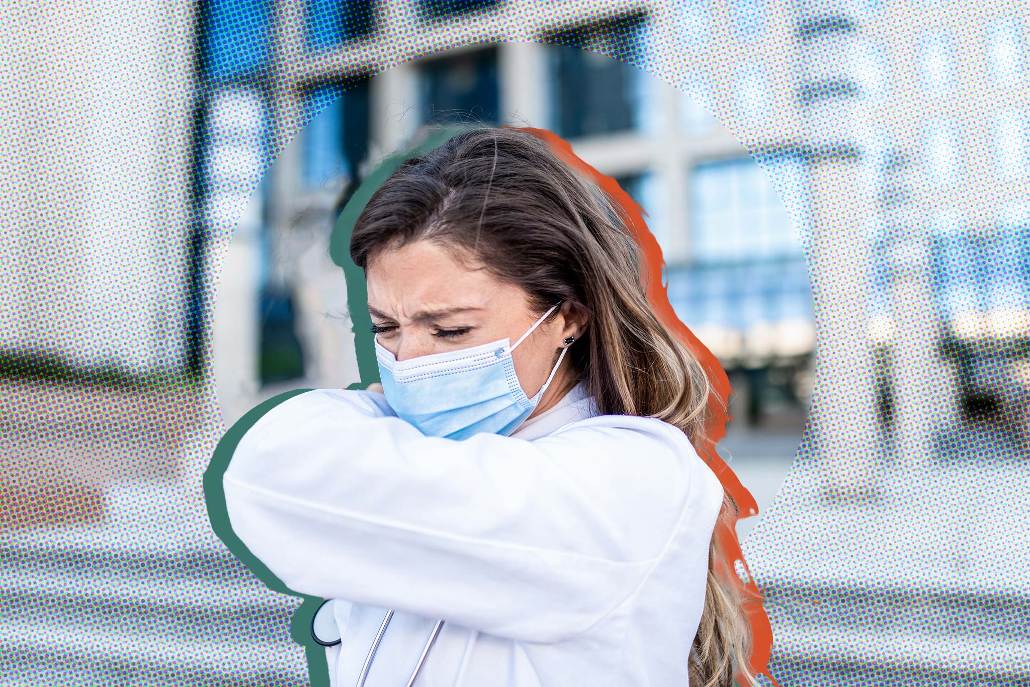 Image of a student outside wearing. mask and sneezing into their elbow