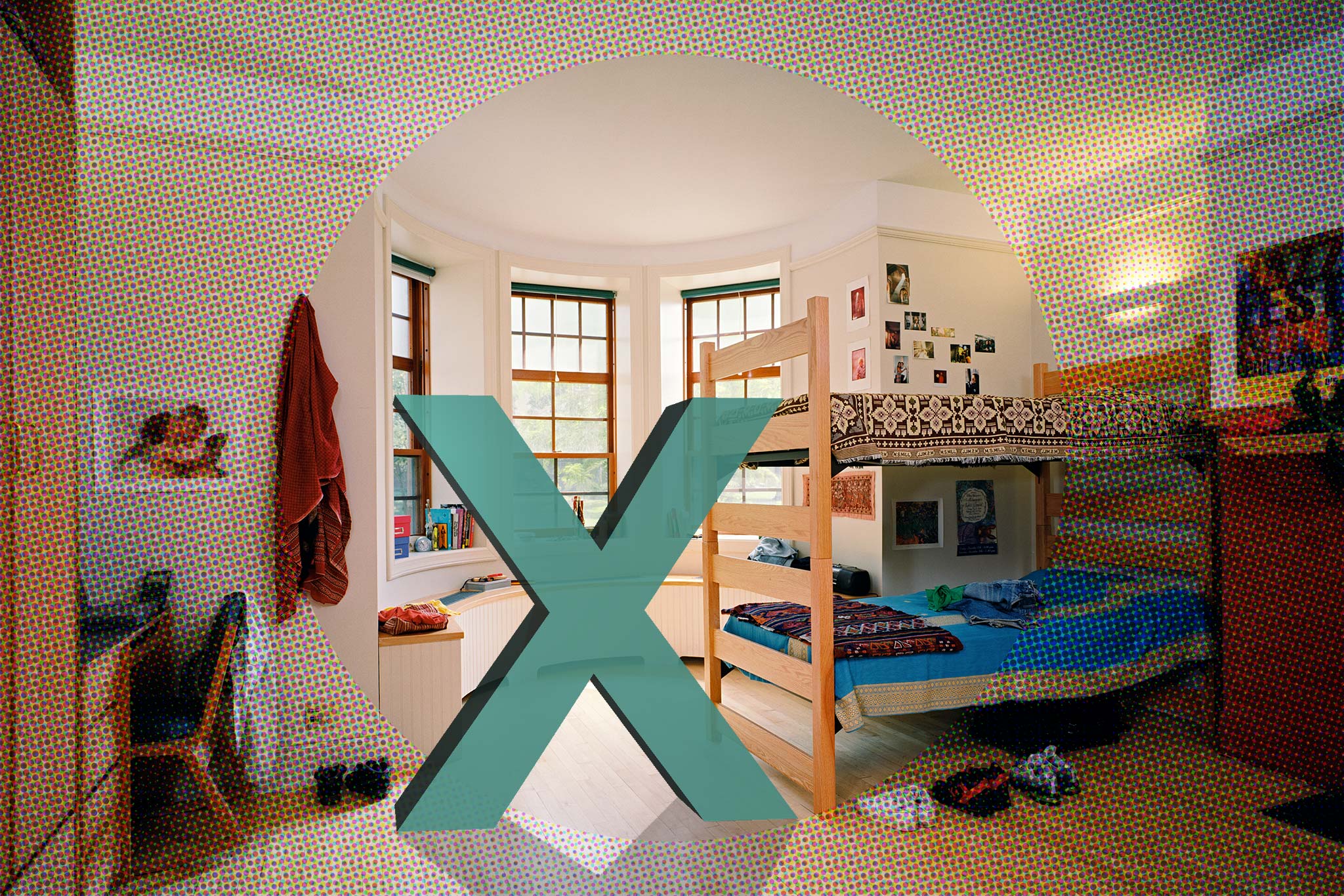 Image of empty dorm room with a large 'X' on top