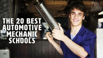 The 20 Best Auto Mechanic Schools Hero Image: smiling student working on auto undercarriage