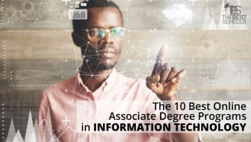 The 10 Best Online Associate Degree Programs in Information Technology, hero image, textless, man pointing, holgraphic data