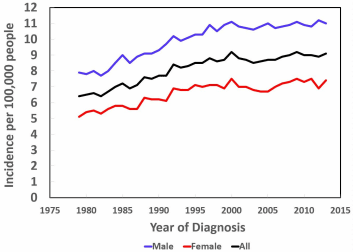 Figure 2. Incidence of brain cancer in the UK from 1979 to 2013. The data in this chart are from Cancer UK