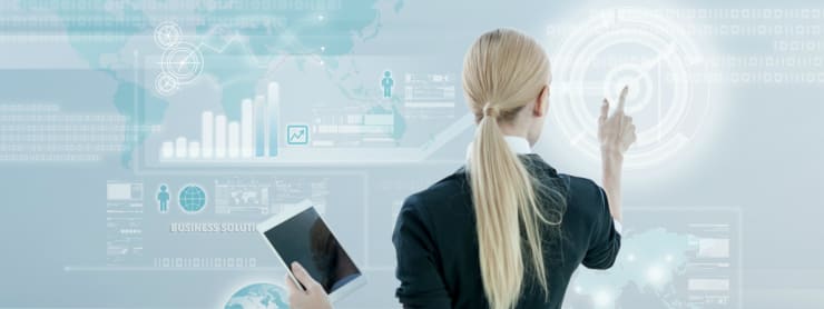 Young woman with interactive business intelligence graphic