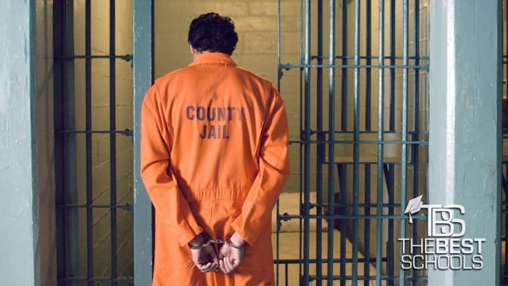 The Best Online Bachelor's in Corrections Programs Hero Image: Best Online Bachelor's in Corrections Programs (image of an inmate clad in an orange jumpsuit marked County Jail, hands cuffed behind his back, as he stands before an open cell)