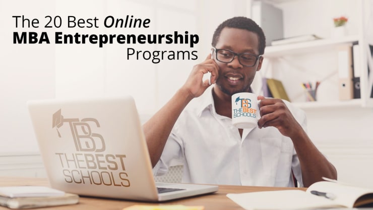 Hero Image for the Best Online MBA Entrepreneurship Programs, depicts a Man using a computer amd phone while drinking coffee