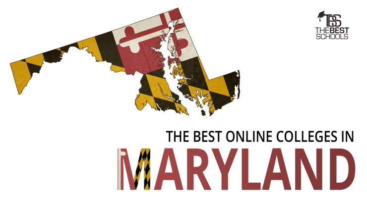 Hero image for the Best Online Colleges in Maryland: Map of the state of Maryland with the Maryland state flag superimposed over the map.