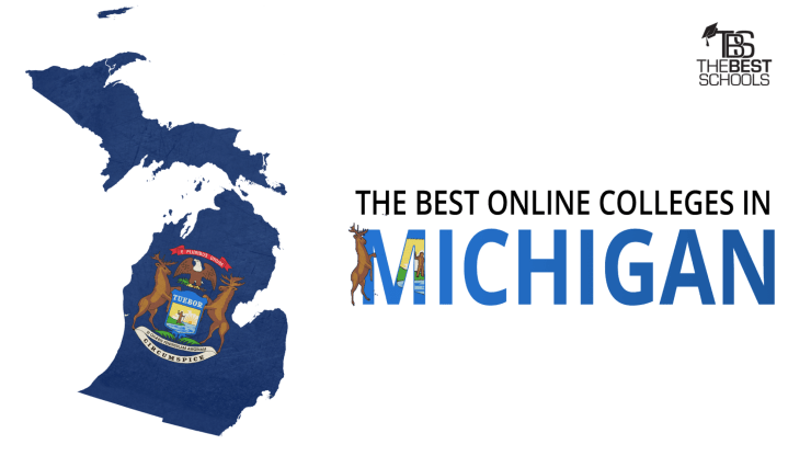 Hero image for the Best Online Colleges in Michigan: Map of the state of Michigan with Michigan flag superimposed over map.