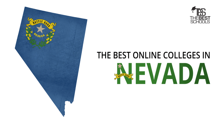 Hero image for the Best Online Colleges in Nevada: Map of the state of Nevada with Nevada flag superimposed over map.