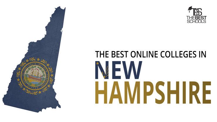 Hero image for the Best Online Colleges in New Hampshire: Map of the state of New Hampshire with New Hampshire flag superimposed over map.
