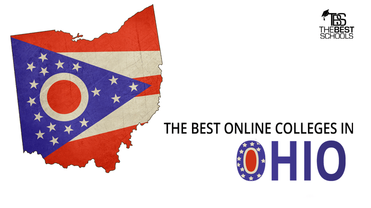Hero image for the Best Online Colleges in Ohio: Map of the state of Ohio with Ohio flag superimposed over map.