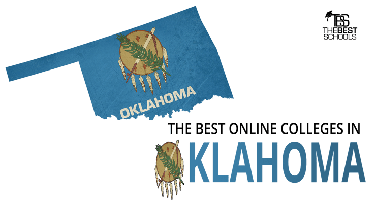 Hero image for the Best Online Colleges in Oklahoma: Map of the state of Oklahoma with Oklahoma flag superimposed over map.