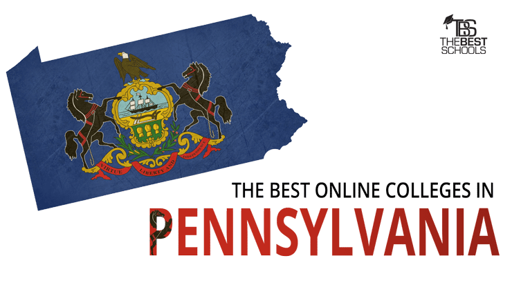Hero image for the Best Online Colleges in Pennsylvania: Map of the state of Pennsylvania with Pennsylvania flag superimposed over map.