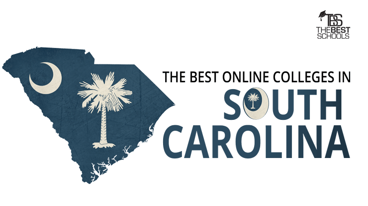 Hero image for the Best Online Colleges in South Carolina: Map of the state of South Carolina with South Carolina flag superimposed over map.