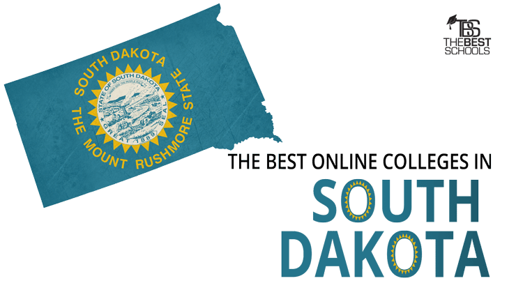 Hero image for the Best Online Colleges in South Dakota: Map of the state of South Dakota with South Dakota flag superimposed over map.