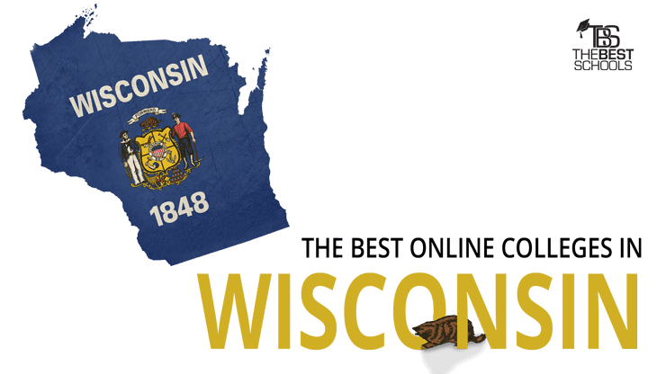 Hero image for the Best Online Colleges in Wisconsin: Map of the state of Wisconsin with Wisconsin flag superimposed over map.