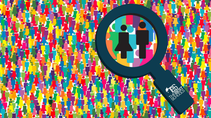 Hero Image for What Can You Do With a Social Work Degree?: Collage of brightly colored restroom-sign-style human figure outlines. A man and woman couple is highlighted under a magnifying glass.