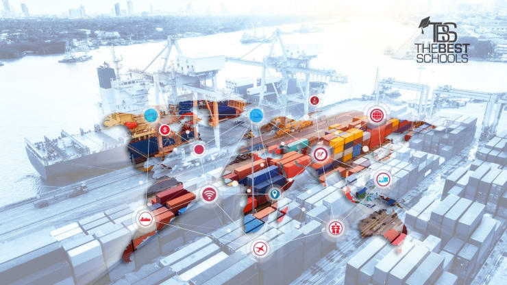 The Best Online MBA in International Business Degree Programs Hero: Map the globe with trade routes superimposed over a shipping harbor
