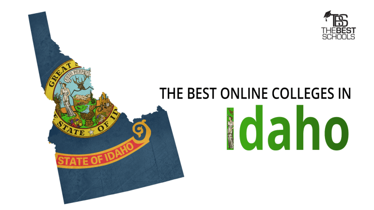 Hero Image for The Best Online Colleges in Idaho: Map of State with Idaho state flag overlaid on map.
