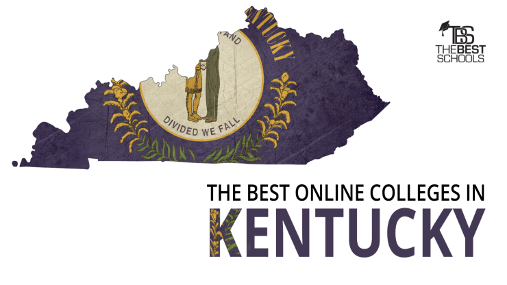Hero image for the Best Online Colleges in Kentucky: Map of the state of Kentucky with Kentucky state flag superimposed over the map.