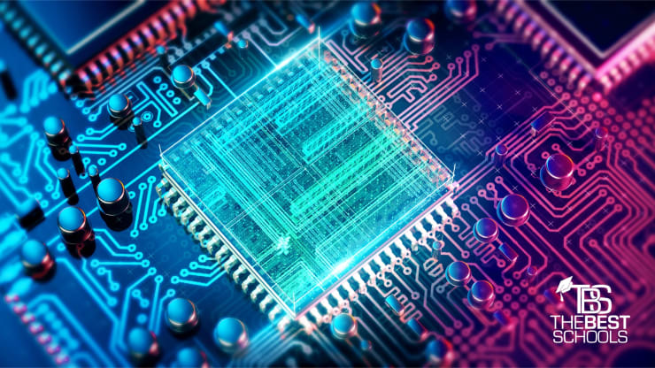 Hero Image for Best Online Bachelor’s in Computer Engineering Programs: Close up view of a neon colored computer circuit.