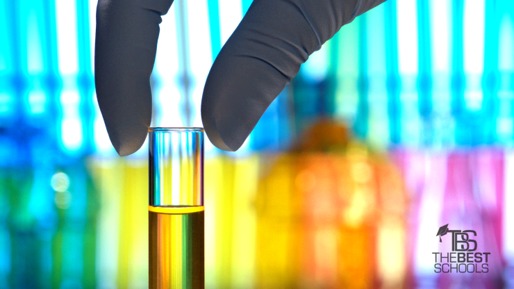 Hero Image for What Can I Do With a Chemistry Degree?: Close up shot of two gloved fingers holding the tip of a test tube filled with liquid on a rainbow background.