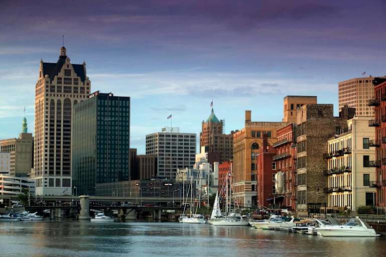 Downtown Milwaukee by the Milwaukee River in Wisconsin