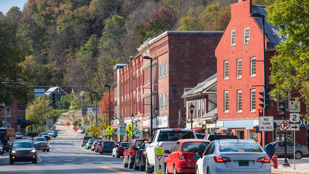 Main Street in Montpelier, Vermont on a sunny day