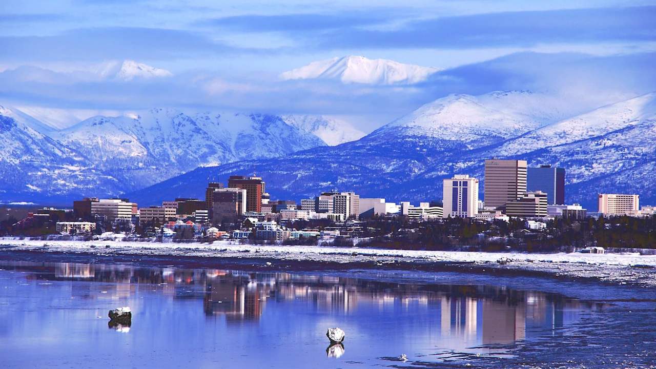 Downtown Anchorage, Alaska with mountains in background