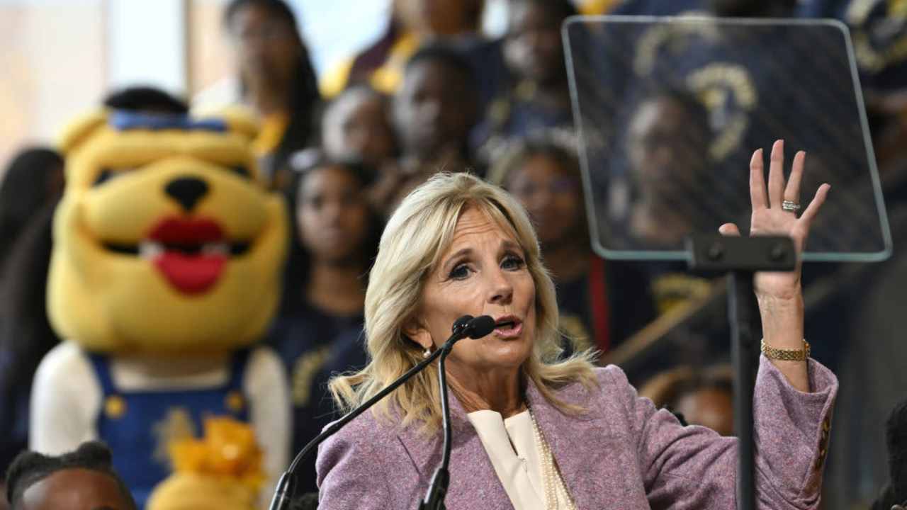 GREENSBORO, USA - SEPTEMBER 12: First Lady Jill Biden and U.S. Secretary of Education Miguel Cardona visits Greensboro, North Carolina to kick off the Road to Success Back to School Bus Tour to showcase the many ways school communities are helping students recover and thrive, including utilizing historic resources for schools provided by the Biden-Harris AdministrationÃs American Rescue Plan in Greensboro NC, United States on September 12, 2022 (Photo by Peter Zay/Anadolu Agency via Getty Images)