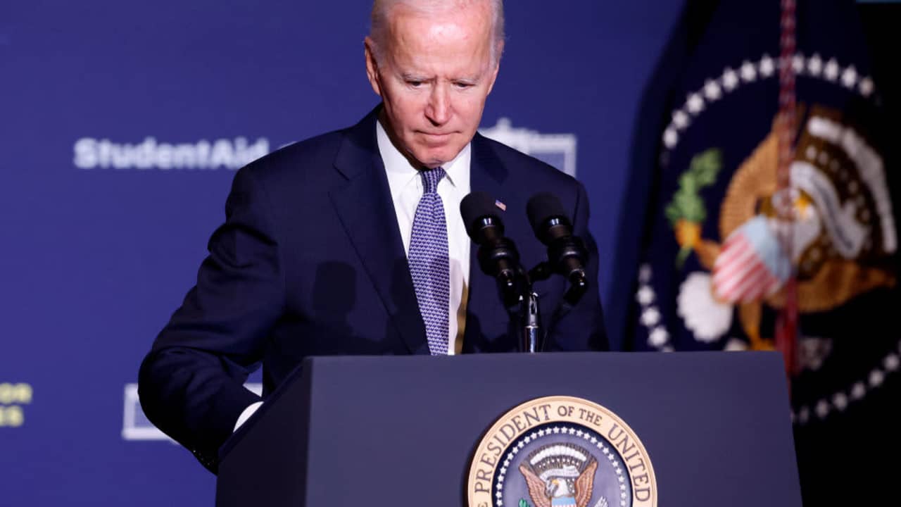 U.S. President Joe Biden gives remarks on student debt relief at Delaware State University on October 21, 2022 in Dover, Delaware. One day after a federal judge tossed a Republican-led challenge to President Joe Biden's federal student debt forgiveness plan, a U.S. appeals court temporarily blocked the administration from canceling loan debt.