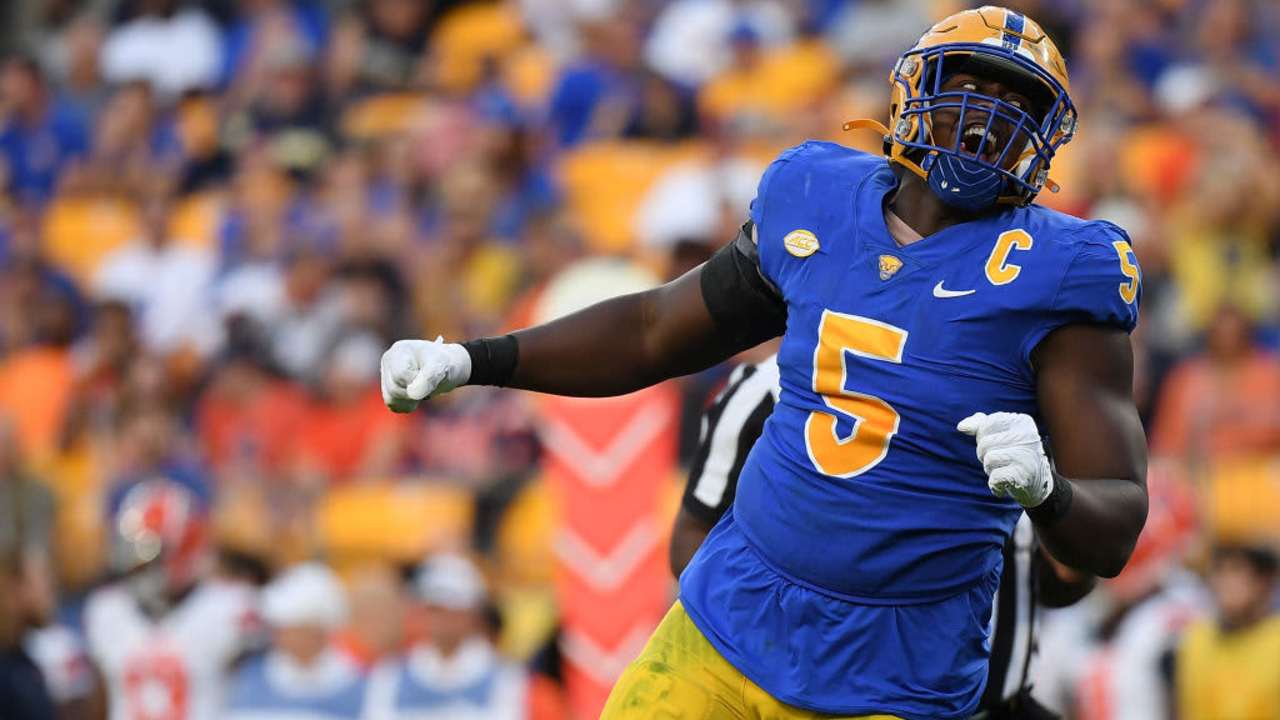 PITTSBURGH, PA - NOVEMBER 05: Deslin Alexandre #5 of the Pittsburgh Panthers reacts after a sack in the second quarter during the game against the Syracuse Orange at Acrisure Stadium on November 5, 2022 in Pittsburgh, Pennsylvania. (Photo by Justin Berl/Getty Images)