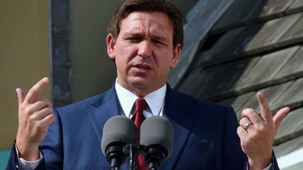 DAYTONA BEACH SHORES, FLORIDA, UNITED STATES - 2023/01/18: Florida Gov. Ron DeSantis speaks at a press conference to announce the award of $100 million for beach recovery following Hurricanes Ian and Nicole in Daytona Beach Shores in Florida. The funding will support beach projects within 16 coastal counties, with hard-hit Volusia County receiving the largest grant, over $37 million. (Photo by Paul Hennessy/SOPA Images/LightRocket via Getty Images)