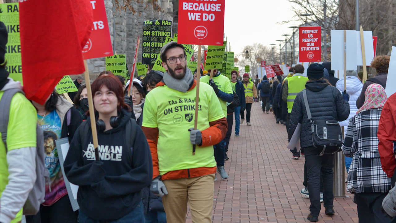 A group of protestors on strike at Temple University.