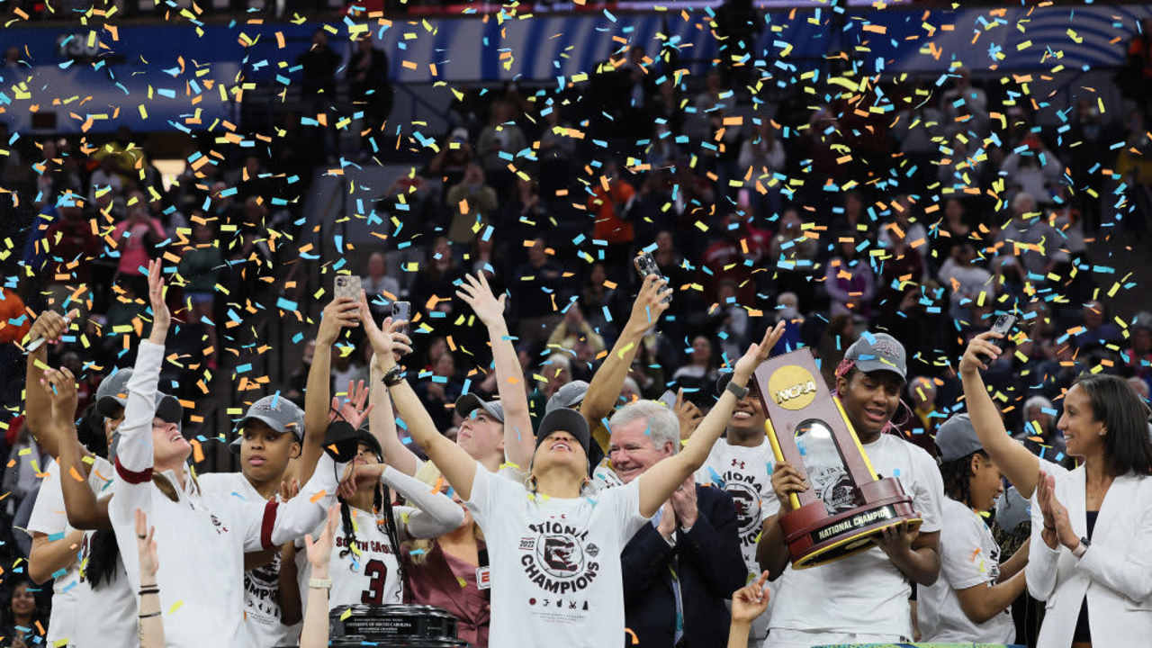MINNEAPOLIS, MINNESOTA - APRIL 03: (C) Head coach Dawn Staley of the South Carolina Gamecocks reacts during the national championship trophy presentation after defeating the UConn Huskies 64-49 during the 2022 NCAA Women's Basketball Tournament National Championship game at Target Center on April 03, 2022 in Minneapolis, Minnesota. (Photo by Andy Lyons/Getty Images)