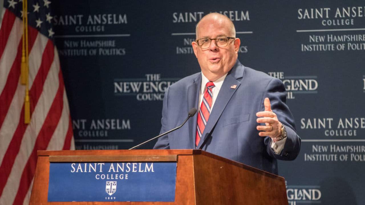 MANCHESTER, NH - APRIL 23: Maryland Governor Larry Hogan speaks at the New Hampshire Institute of Politics as he mulls a Presidential run on April 23, 2019 in Manchester, New Hampshire. (Photo by Scott Eisen/Getty Images)