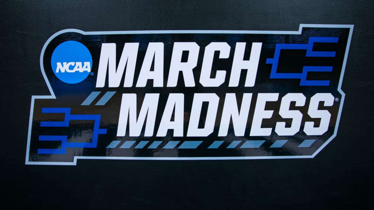 A photo of the NCAA March Madness logo during the men's college basketball game between the Loyola Chicago Ramblers and the Ohio State Buckeyes at PPG Paints Arena in Pittsburgh, PA.