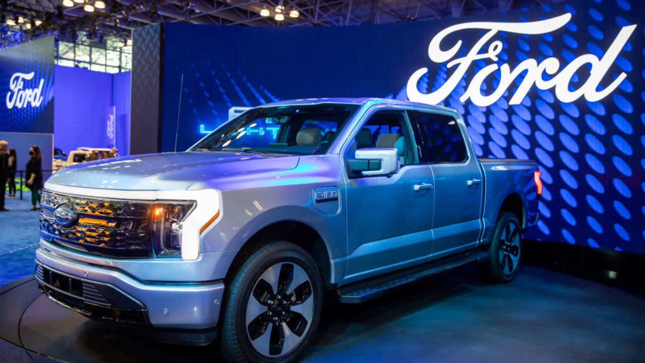 A Ford F-150 Lightning Platinum electric truck during the 2022 New York International Auto Show (NYIAS) in New York, U.S., on Thursday, April 14, 2022. The NYIAS returns after being cancelled for two years due to the Covid-19 pandemic. Photographer: Michael Nagle/Bloomberg via Getty Images