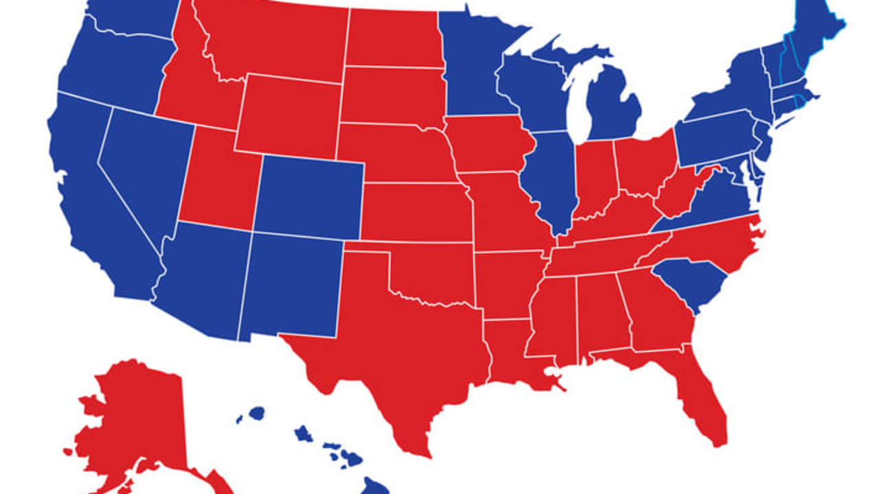 Vector illustration of a political USA map with the states colored in either red or blue with a white outline. Each state is an individual object and can be colored separately.