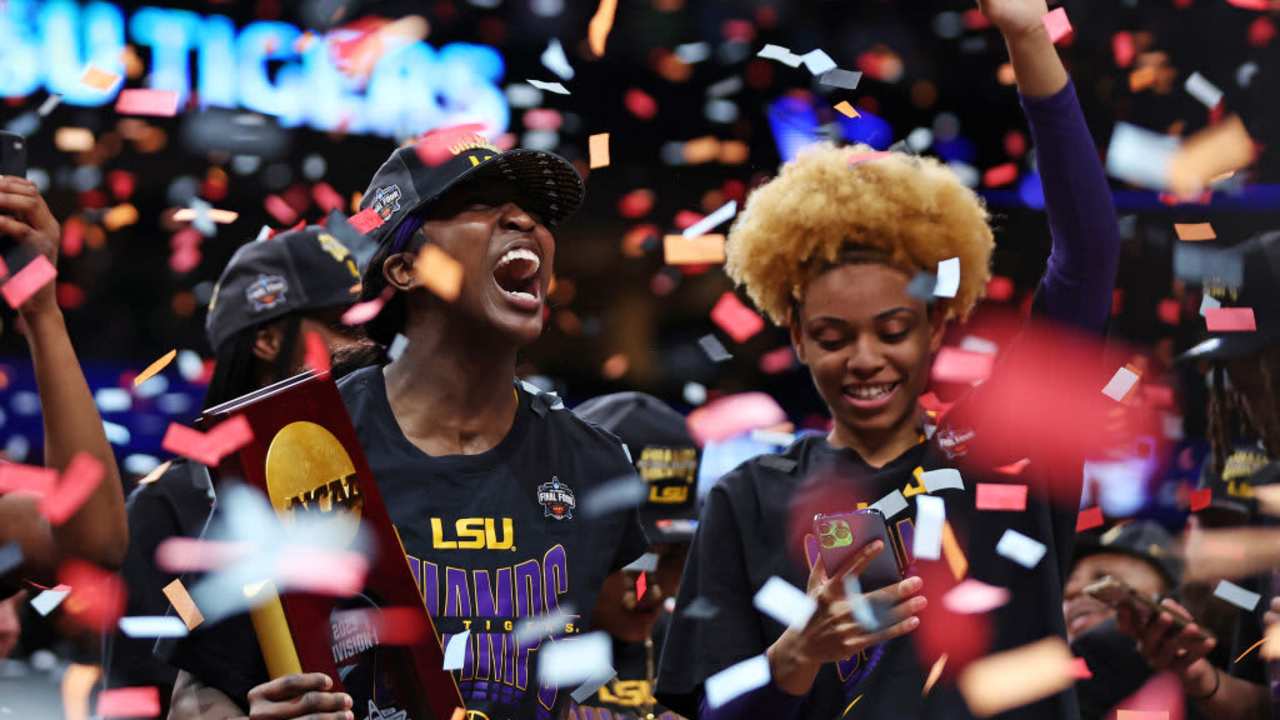 DALLAS, TEXAS - APRIL 02: Jasmine Carson #2 of the LSU Lady Tigers reacts after defeating the Iowa Hawkeyes 102-85 during the 2023 NCAA Women's Basketball Tournament championship game at American Airlines Center on April 02, 2023 in Dallas, Texas. (Photo by Maddie Meyer/Getty Images)